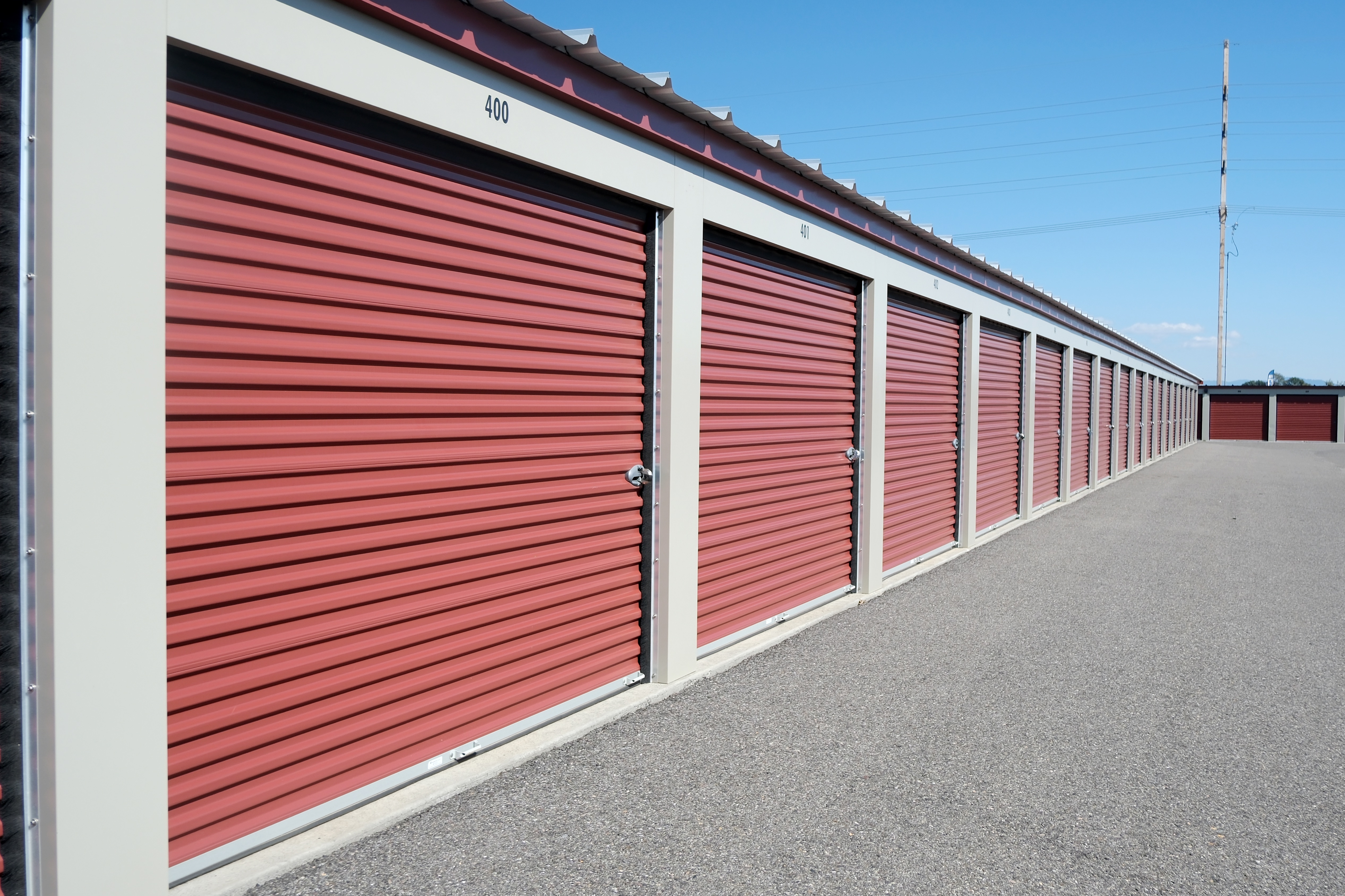 Angled view of a row of storage units